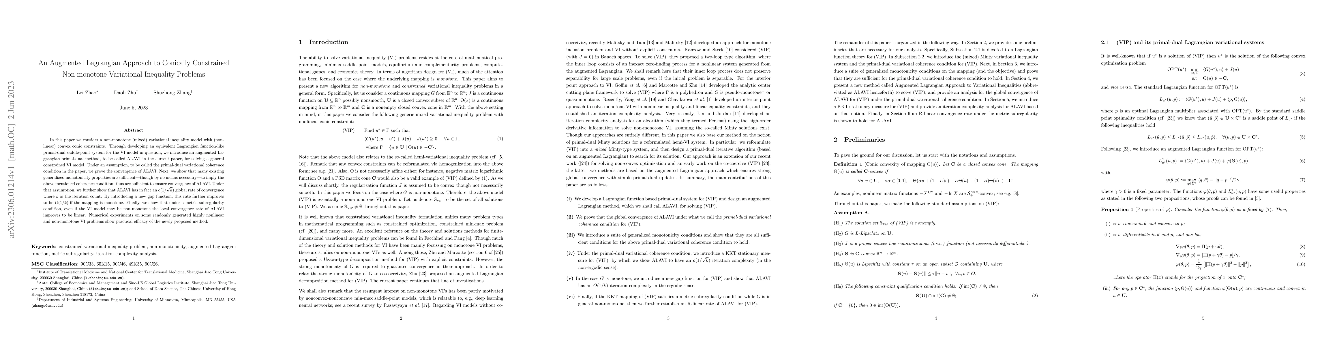 Thumbnail for An Augmented Lagrangian Approach to Conically Constrained Non-monotone
  Variational Inequality Problems