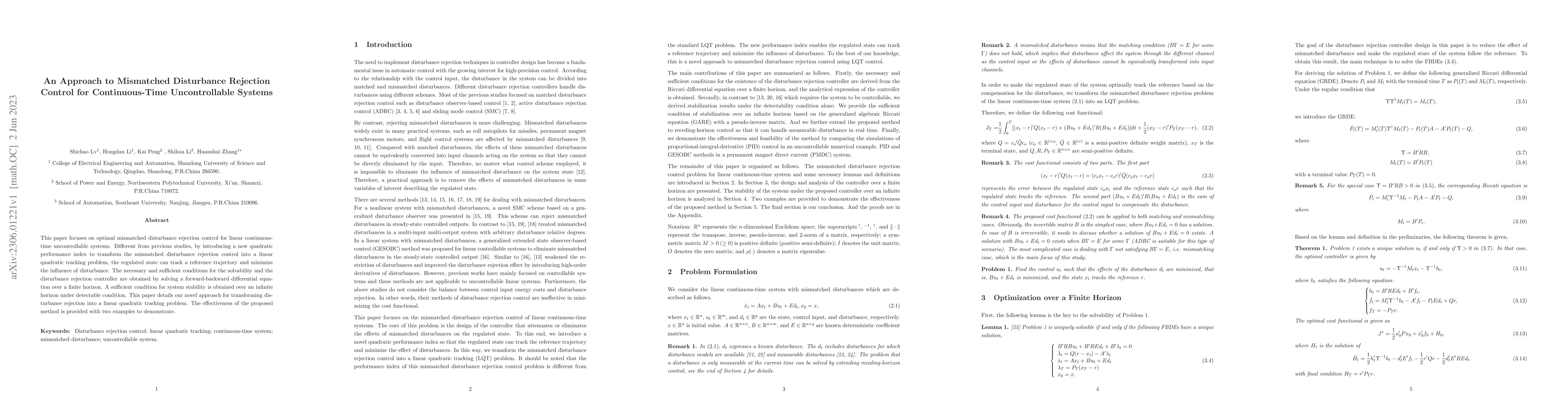 Thumbnail for An Approach to Mismatched Disturbance Rejection Control for
  Continuous-Time Uncontrollable Systems
