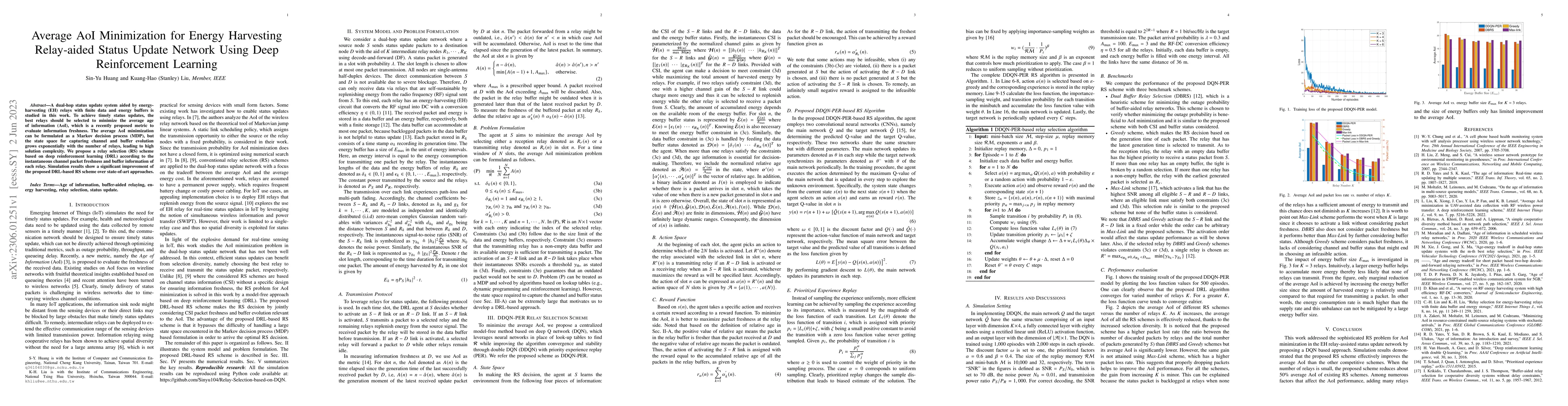 Thumbnail for Average AoI Minimization for Energy Harvesting Relay-aided Status Update
  Network Using Deep Reinforcement Learning