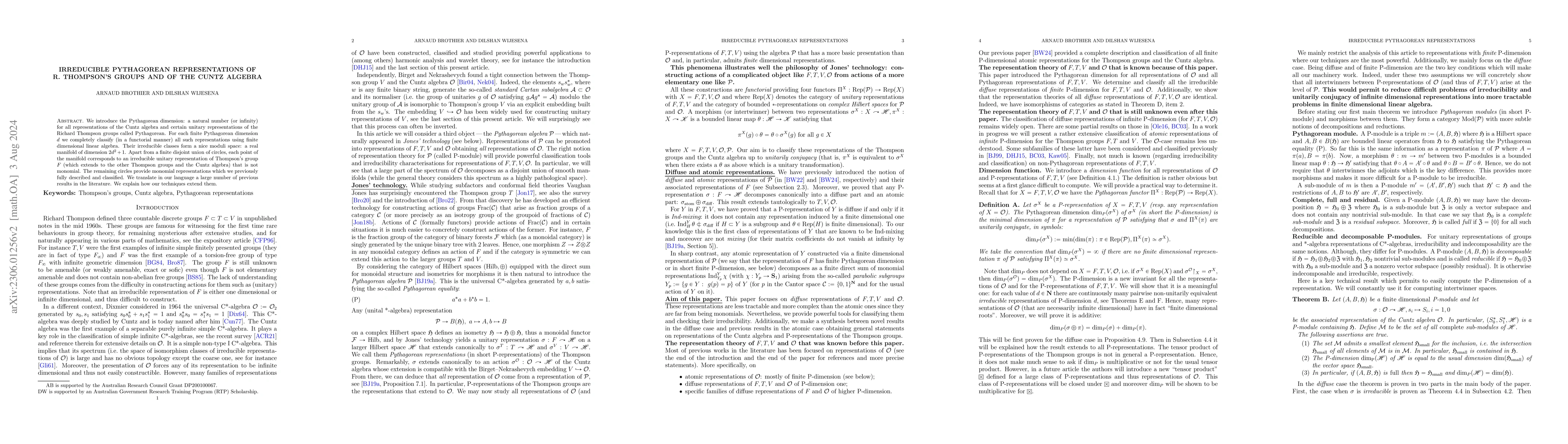 Thumbnail for Irreducible Pythagorean representations of R. Thompson's groups and of
  the Cuntz algebra