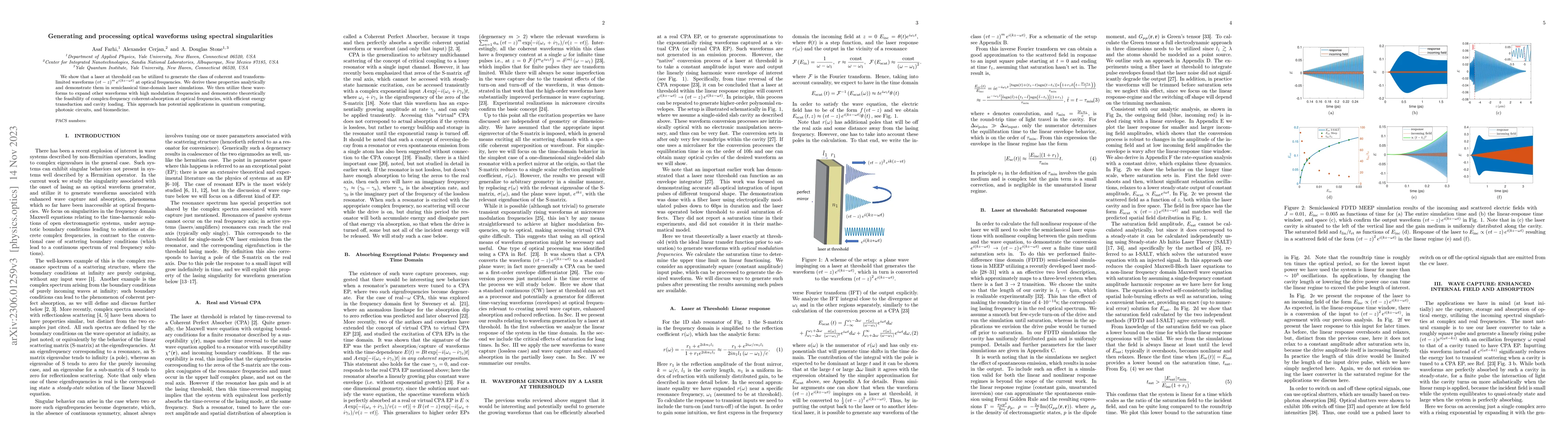 Thumbnail for Generating and processing optical waveforms using spectral singularities