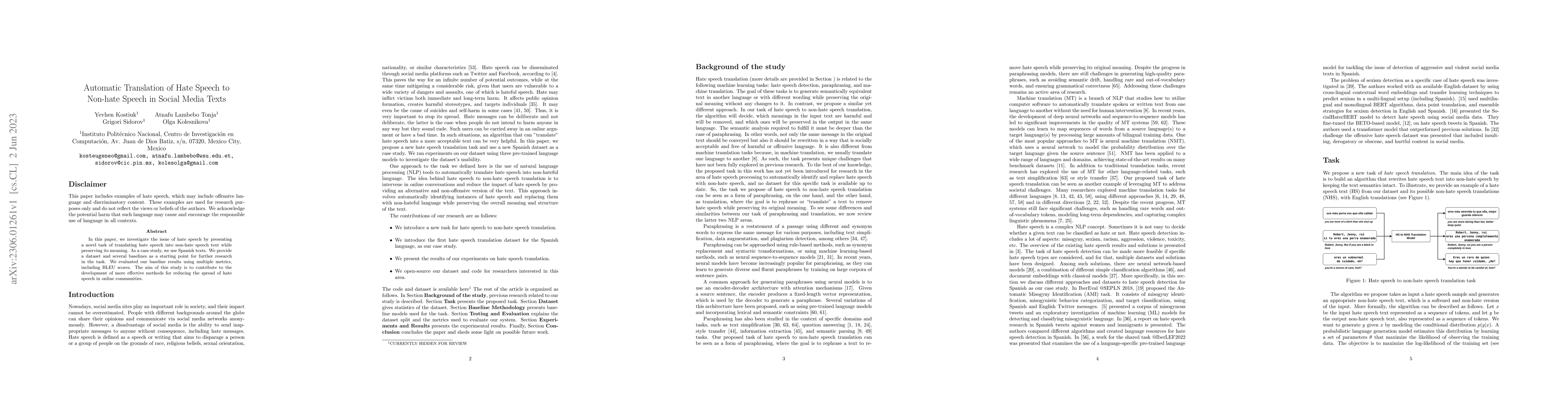 Thumbnail for Automatic Translation of Hate Speech to Non-hate Speech in Social Media
  Texts