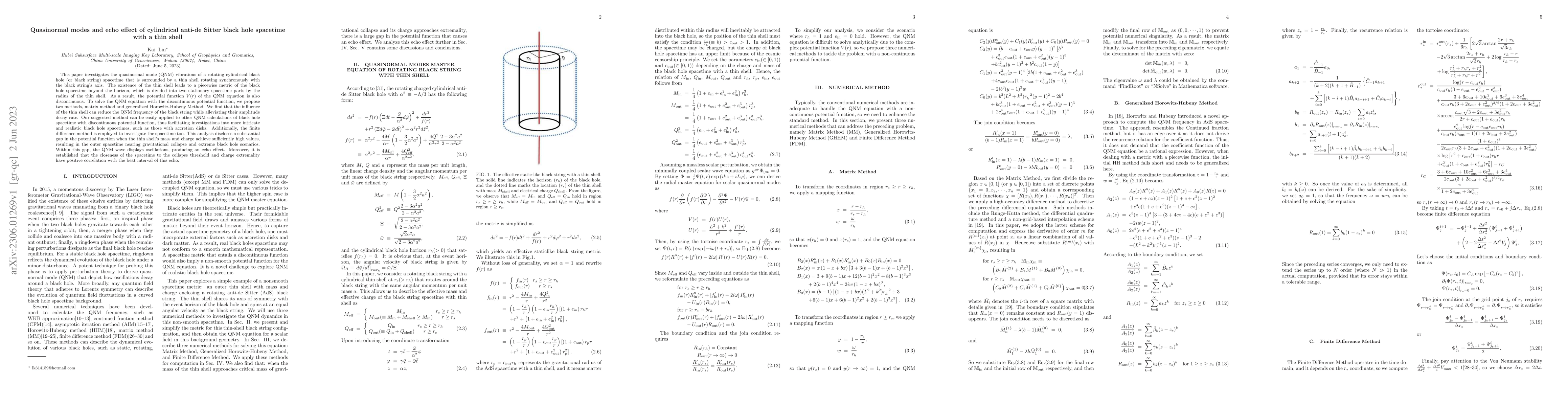 Thumbnail for Quasinormal modes and echo effect of cylindrical anti-de Sitter black
  hole spacetime with a thin shell