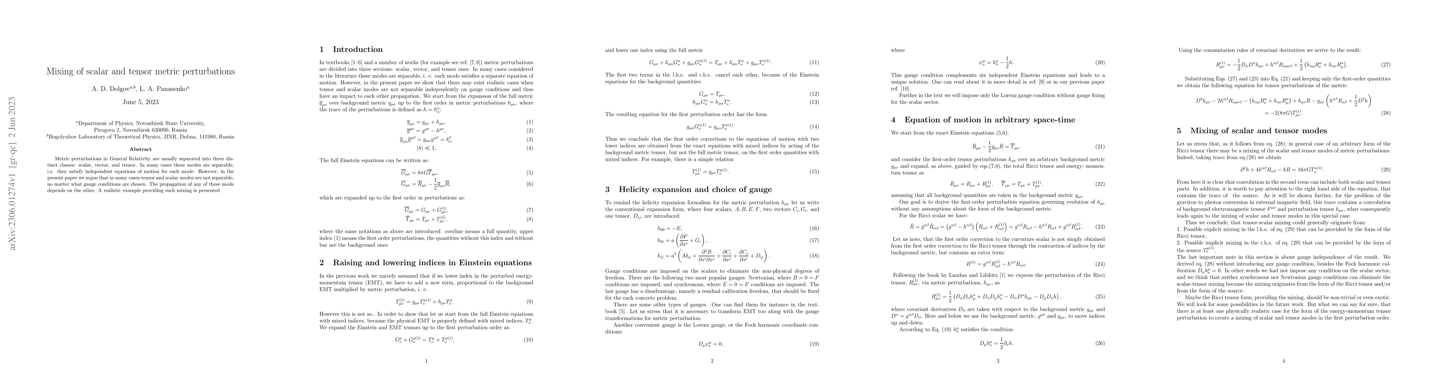 Thumbnail for Mixing of scalar and tensor metric perturbations