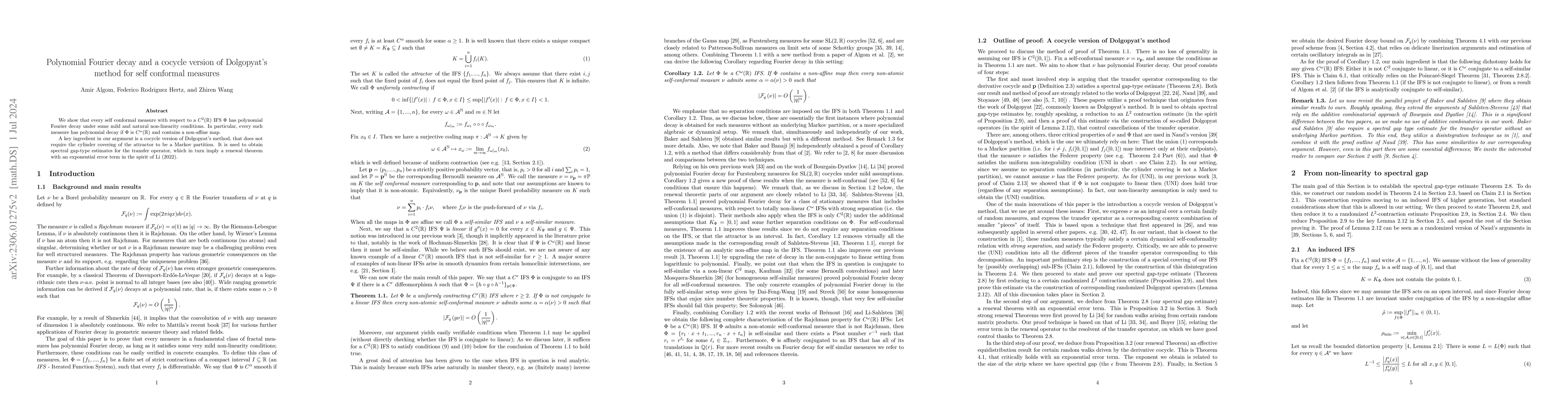 Thumbnail for Polynomial Fourier decay and a cocycle version of Dolgopyat's method for
  self conformal measures