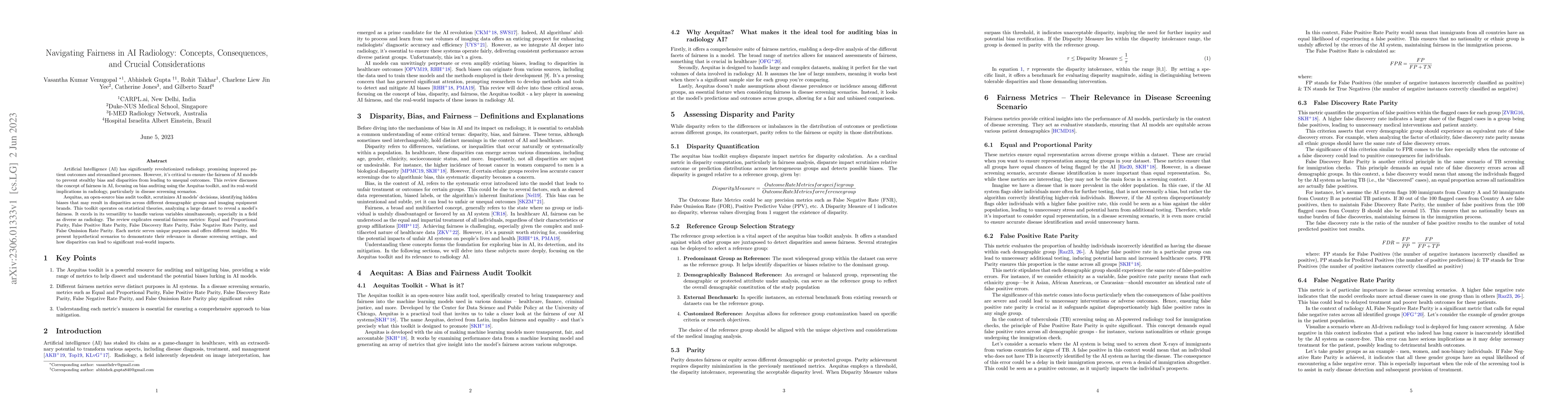 Thumbnail for Navigating Fairness in Radiology AI: Concepts, Consequences,and Crucial
  Considerations