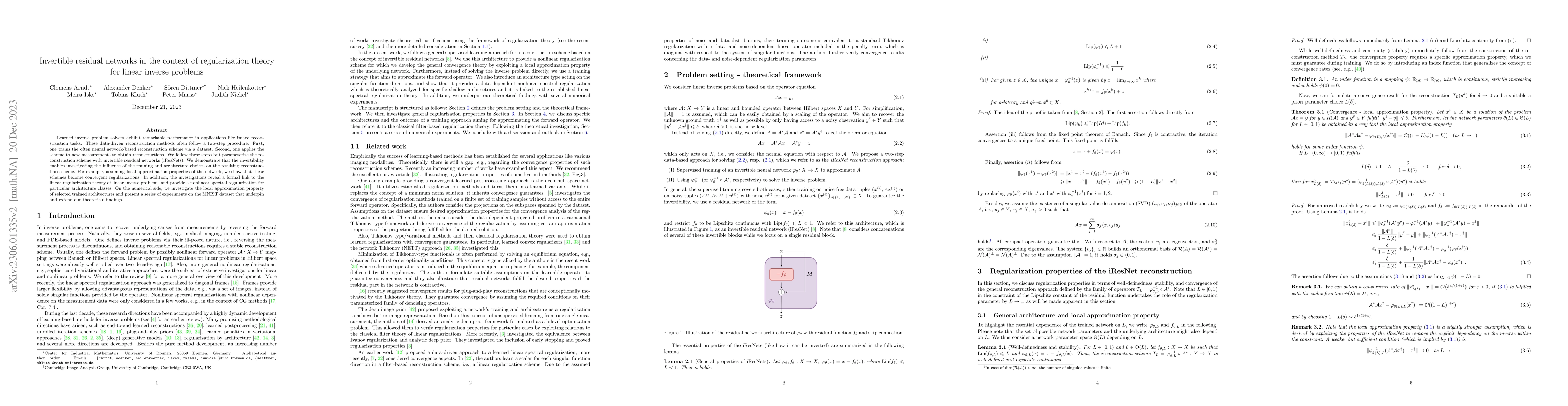 Thumbnail for Invertible residual networks in the context of regularization theory for
  linear inverse problems