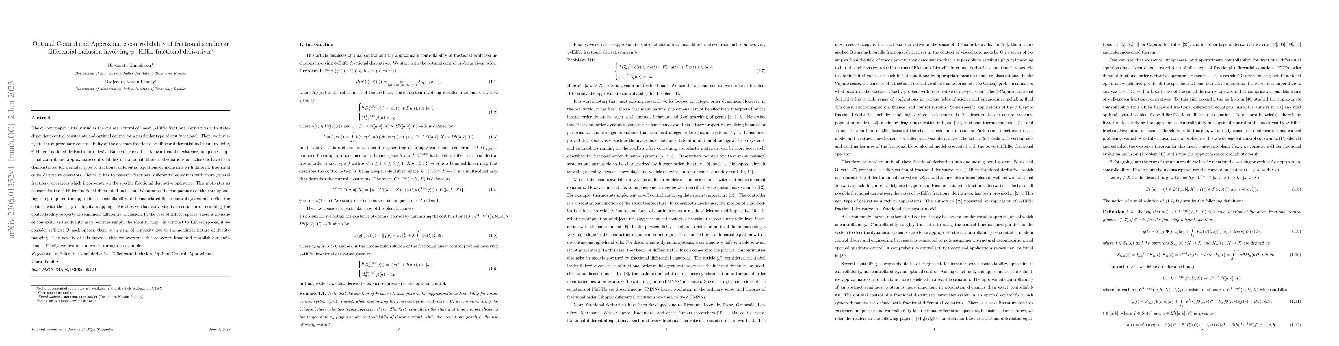 Thumbnail for Optimal Control and Approximate controllability of fractional semilinear
  differential inclusion involving $\psi$- Hilfer fractional derivatives