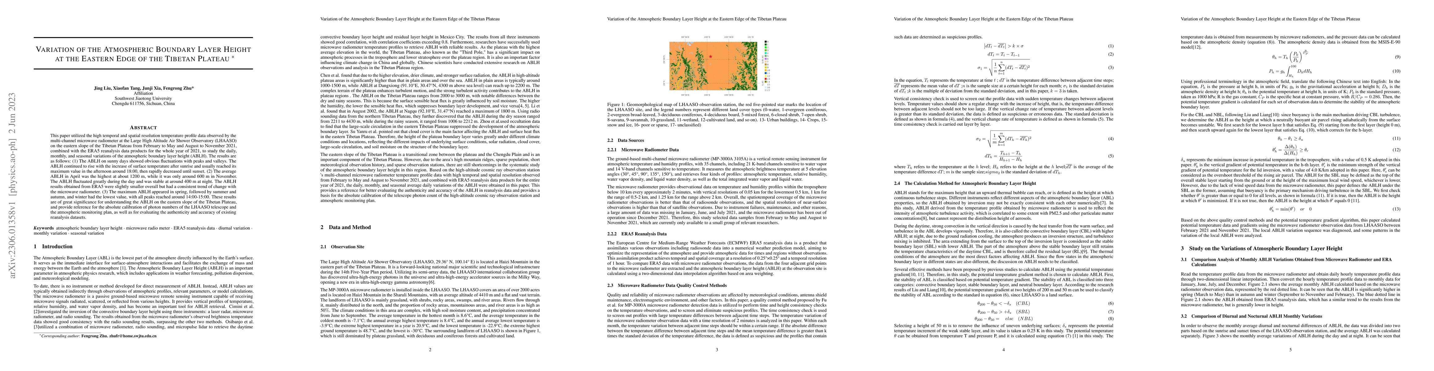 Thumbnail for Variation of the Atmospheric Boundary Layer Height at the Eastern Edge
  of the Tibetan Plateau