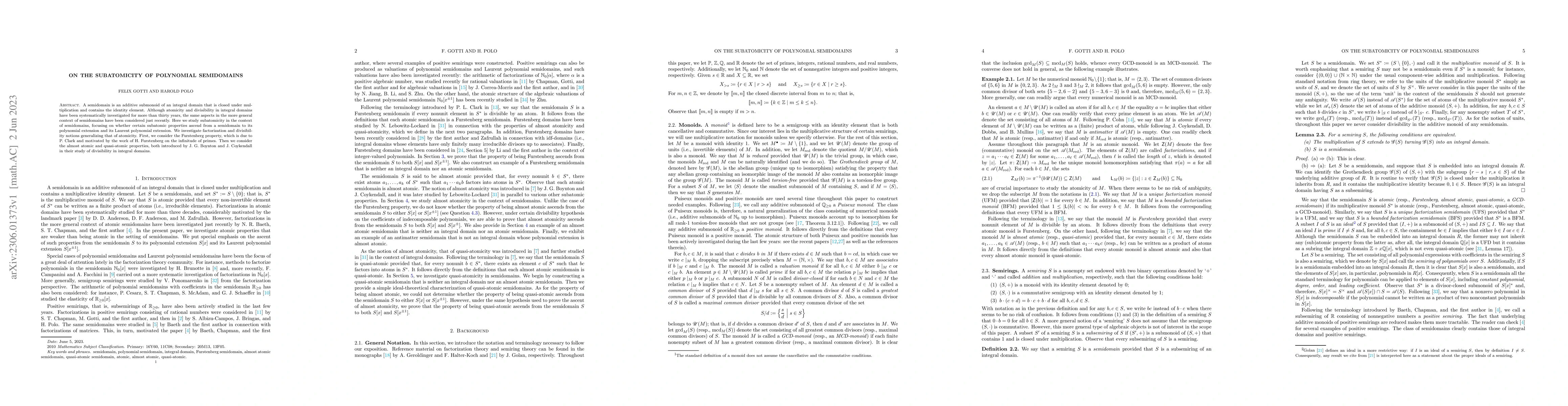 Thumbnail for On the subatomicity of polynomial semidomains