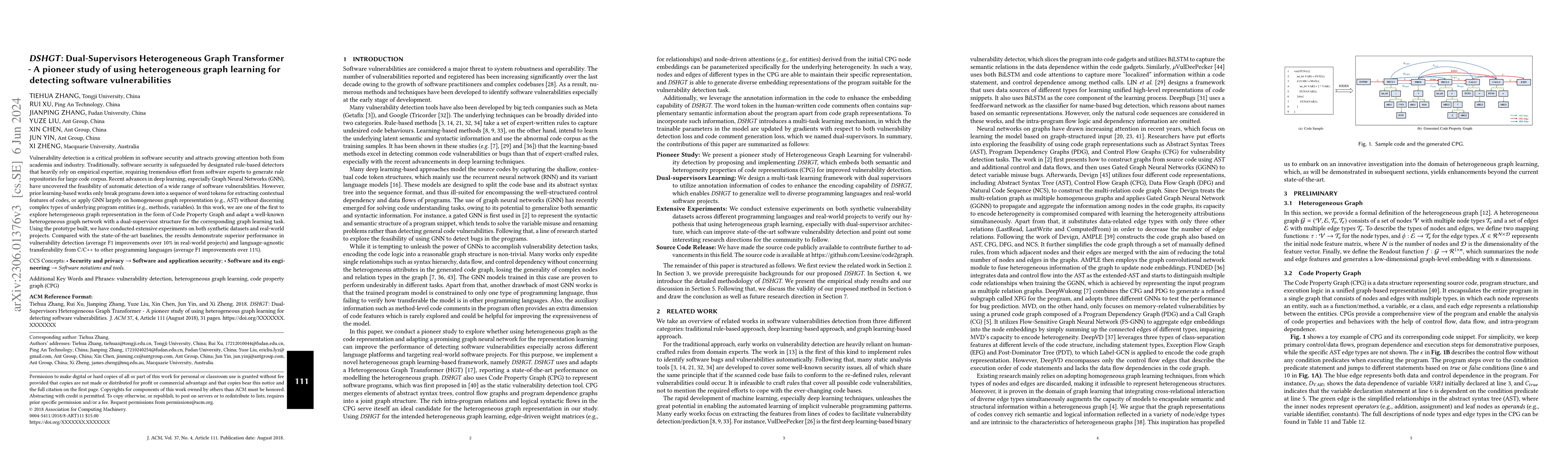 Thumbnail for DSHGT: Dual-Supervisors Heterogeneous Graph Transformer -- A pioneer
  study of using heterogeneous graph learning for detecting software
  vulnerabilities