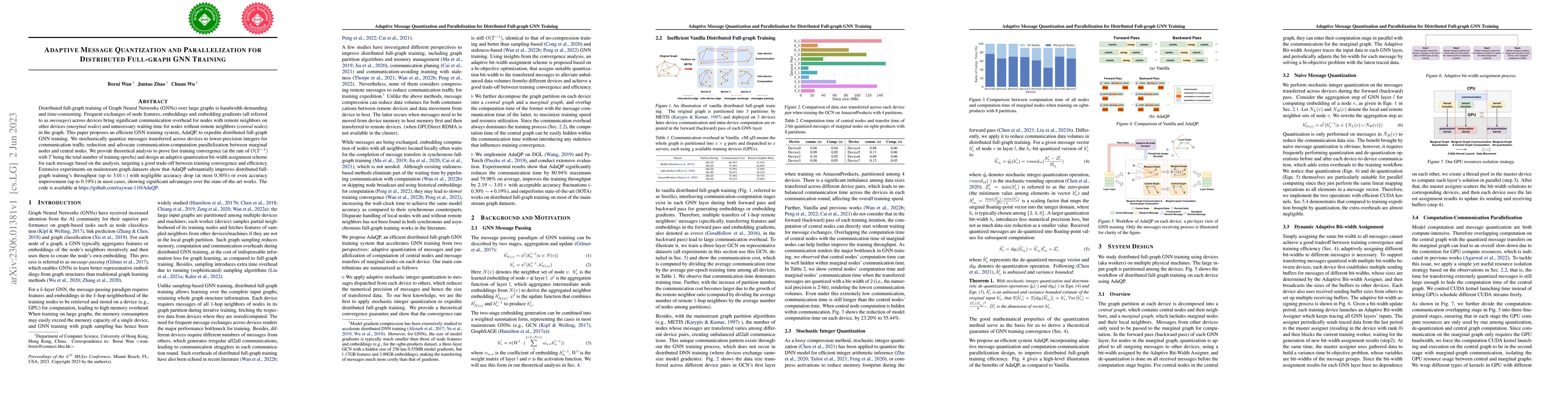 Thumbnail for Adaptive Message Quantization and Parallelization for Distributed
  Full-graph GNN Training