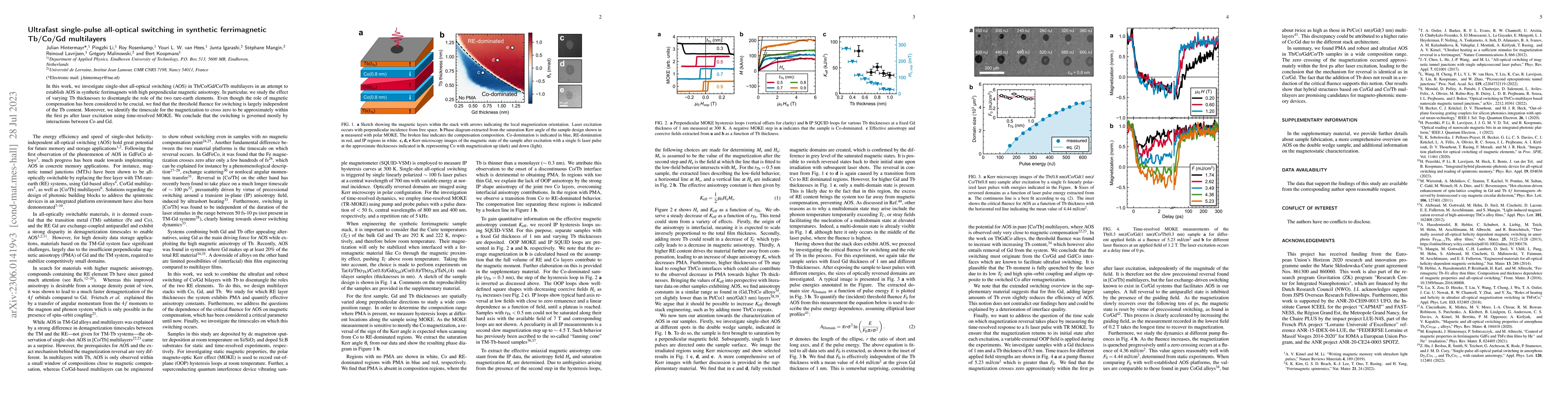 Thumbnail for Ultrafast single-pulse all-optical switching in synthetic ferrimagnetic
  Tb/Co/Gd multilayers