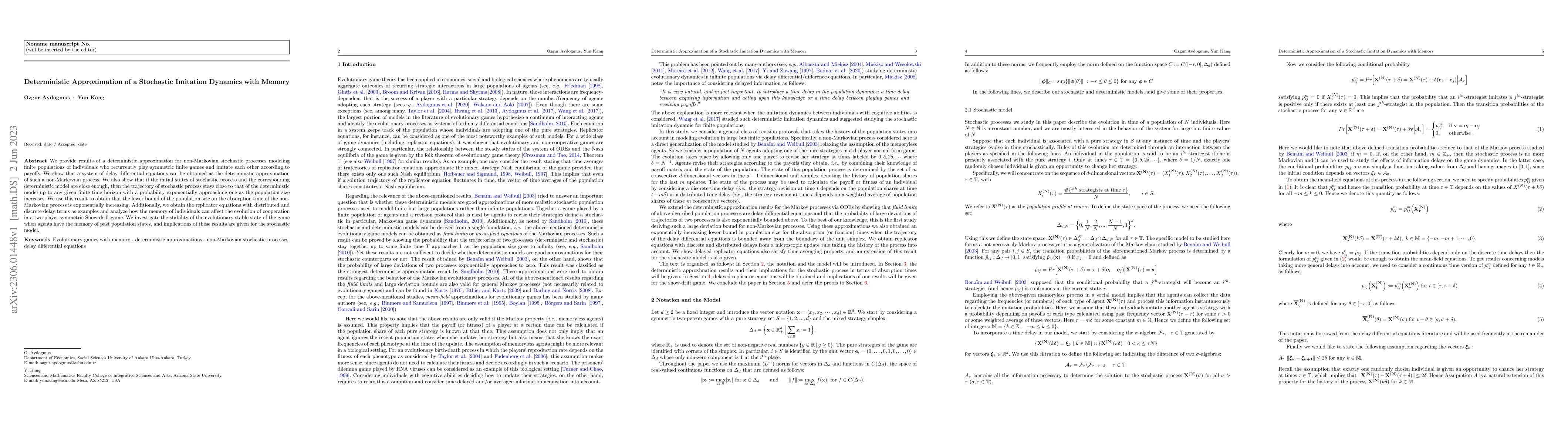 Thumbnail for Deterministic Approximation of a Stochastic Imitation Dynamics with
  Memory