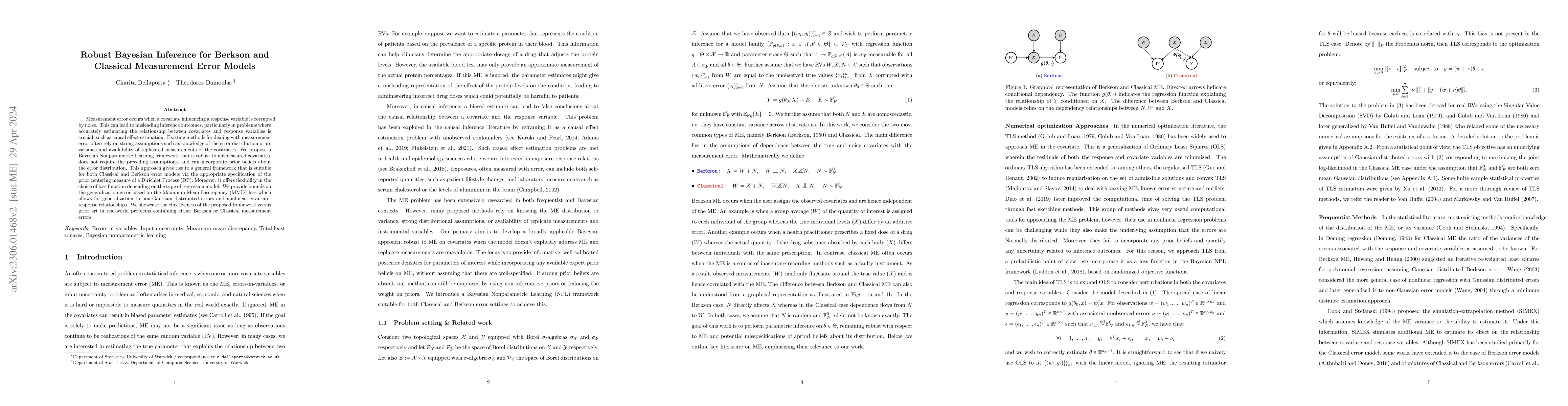 Thumbnail for Robust Bayesian Inference for Berkson and Classical Measurement Error
  Models