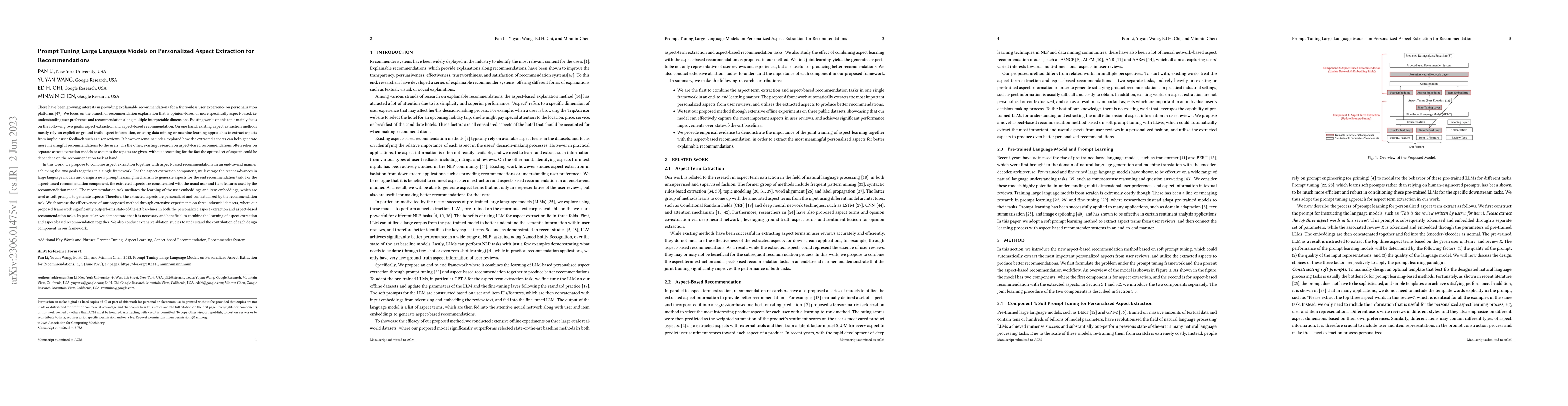 Thumbnail for Prompt Tuning Large Language Models on Personalized Aspect Extraction
  for Recommendations