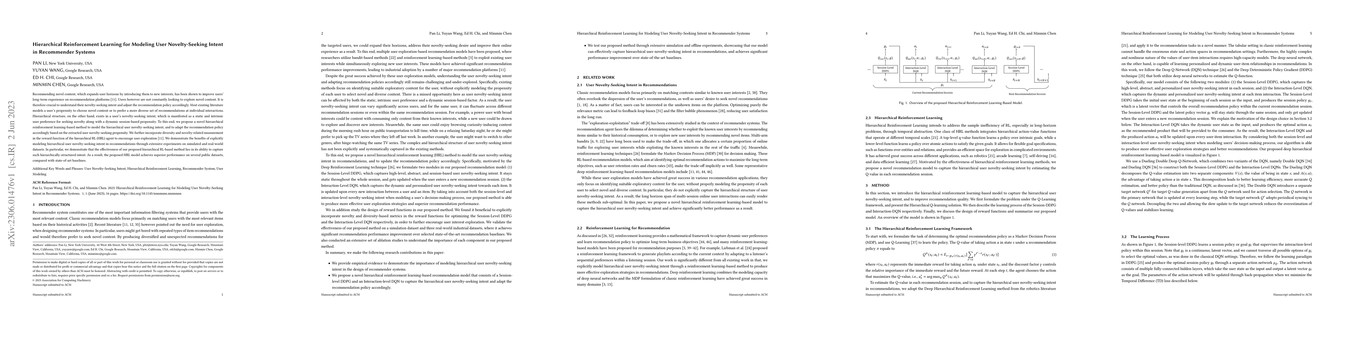 Thumbnail for Hierarchical Reinforcement Learning for Modeling User Novelty-Seeking
  Intent in Recommender Systems