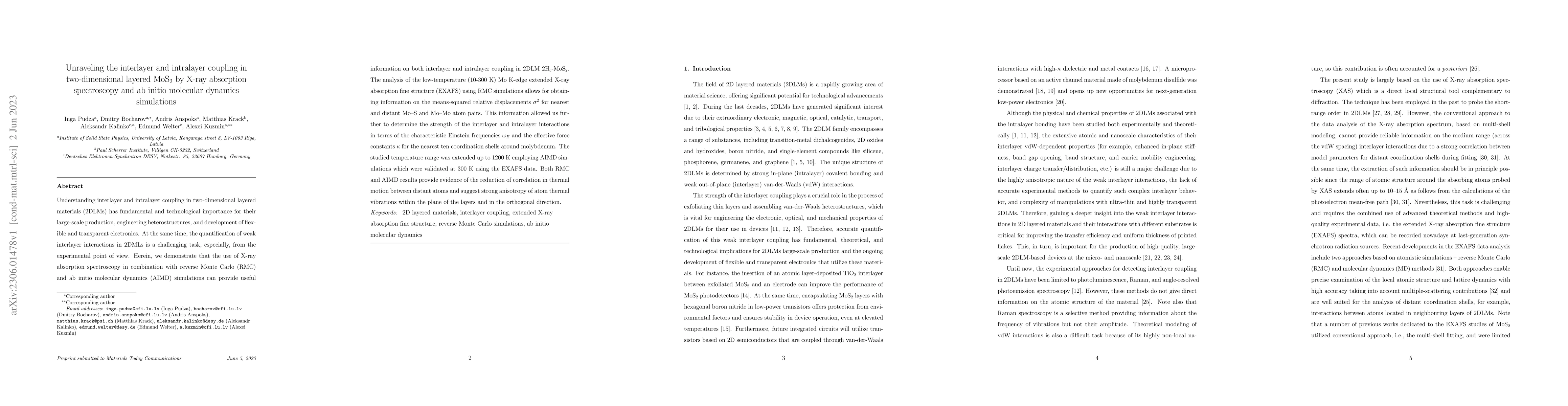Thumbnail for Unraveling the interlayer and intralayer coupling in two-dimensional
  layered MoS$_2$ by X-ray absorption spectroscopy and ab initio molecular
  dynamics simulations