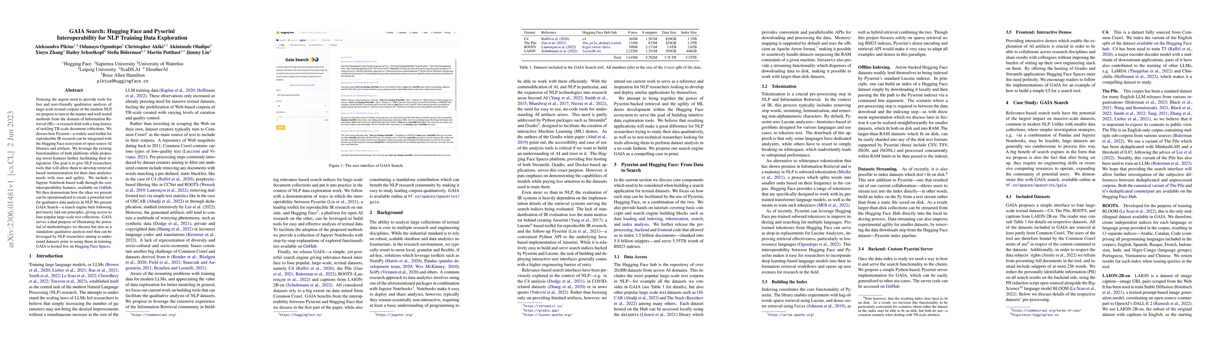 Thumbnail for GAIA Search: Hugging Face and Pyserini Interoperability for NLP Training
  Data Exploration