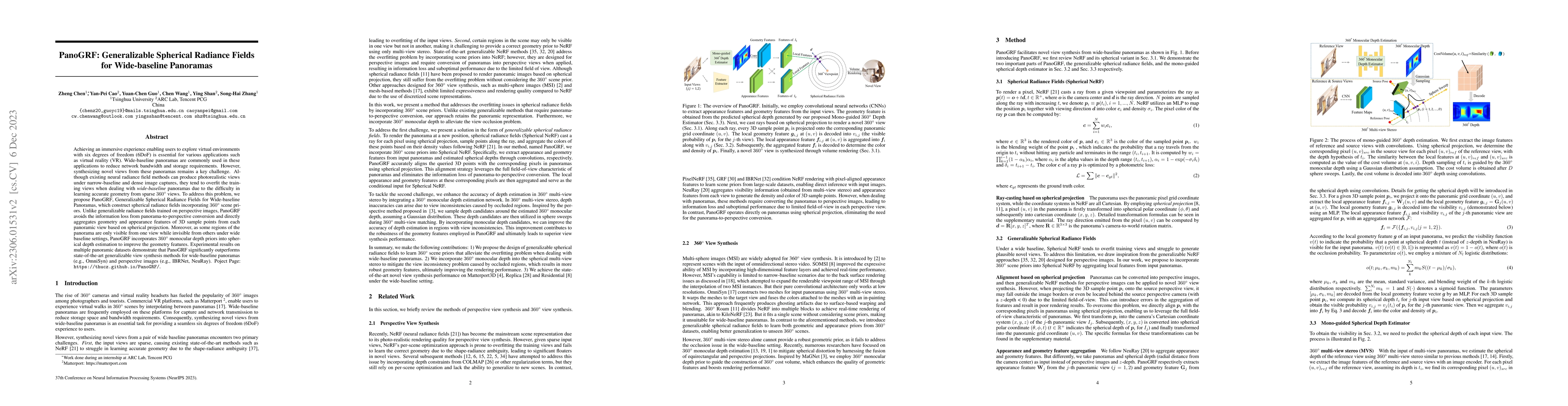 Thumbnail for PanoGRF: Generalizable Spherical Radiance Fields for Wide-baseline
  Panoramas