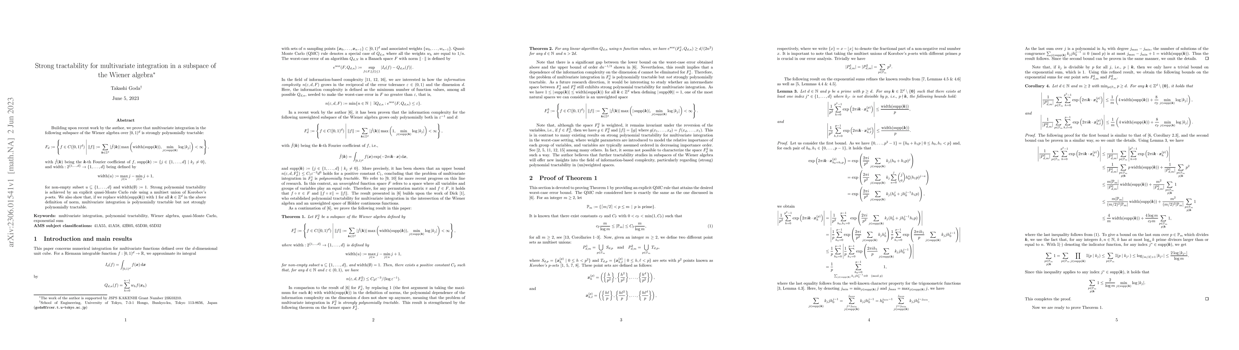 Thumbnail for Strong tractability for multivariate integration in a subspace of the
  Wiener algebra