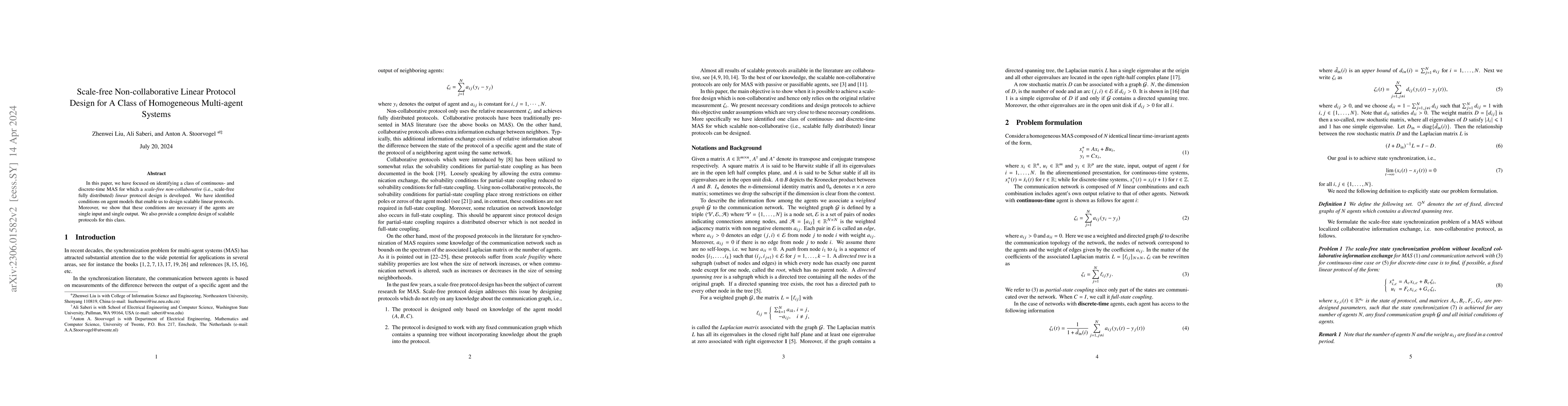 Thumbnail for Scale-free Non-collaborative Linear Protocol Design for A Class of
  Homogeneous Multi-agent Systems
