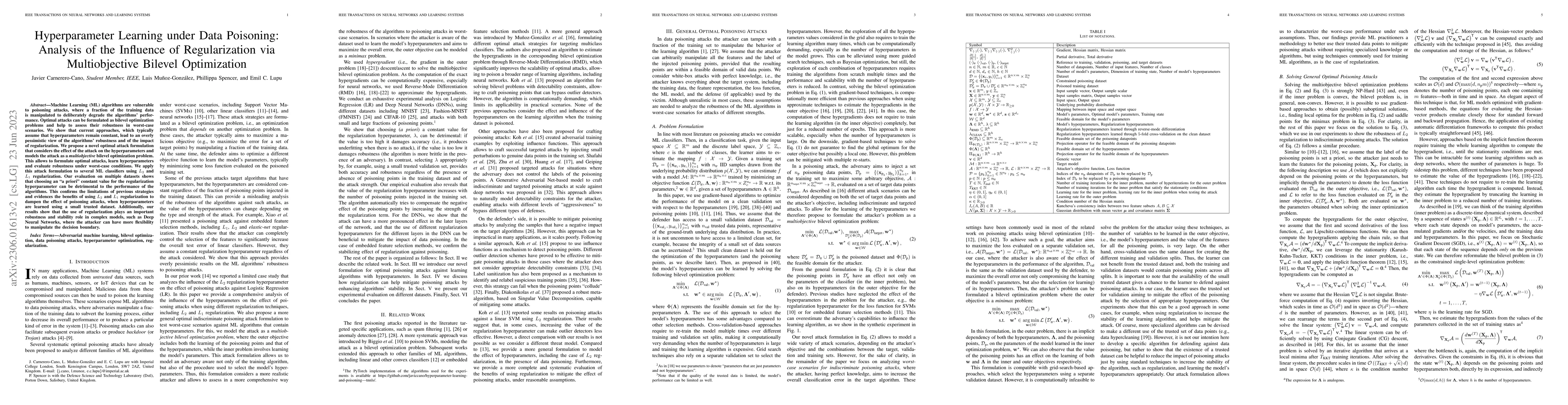 Thumbnail for Hyperparameter Learning under Data Poisoning: Analysis of the Influence
  of Regularization via Multiobjective Bilevel Optimization
