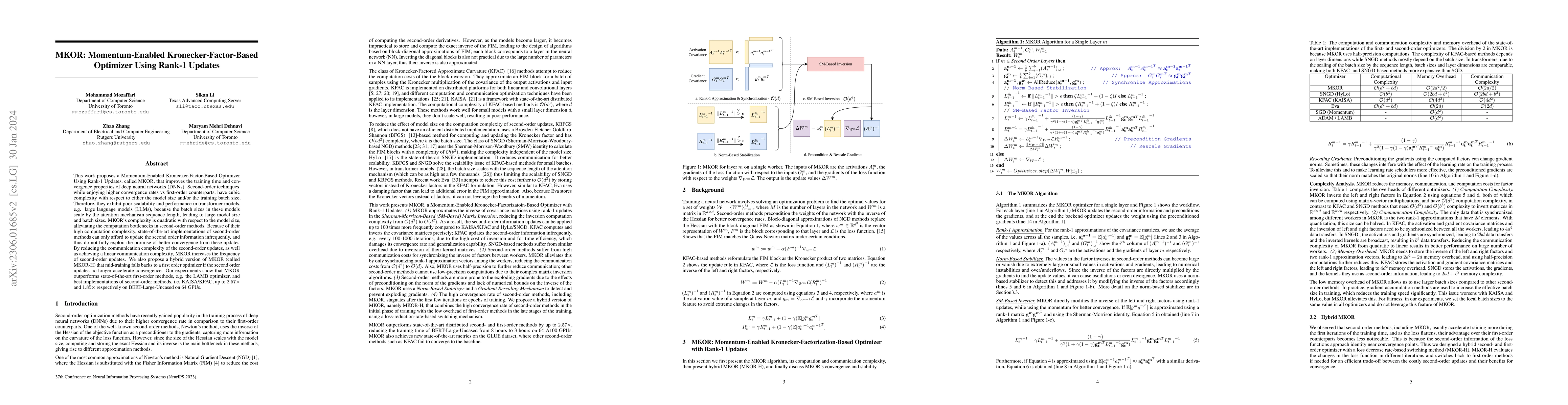 Thumbnail for MKOR: Momentum-Enabled Kronecker-Factor-Based Optimizer Using Rank-1
  Updates