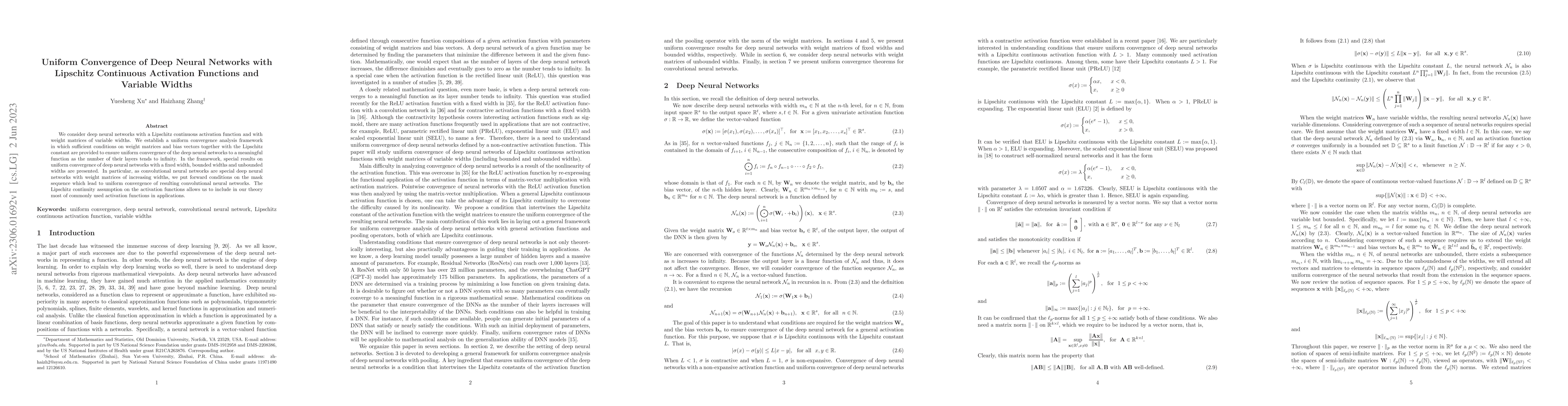 Thumbnail for Uniform Convergence of Deep Neural Networks with Lipschitz Continuous
  Activation Functions and Variable Widths
