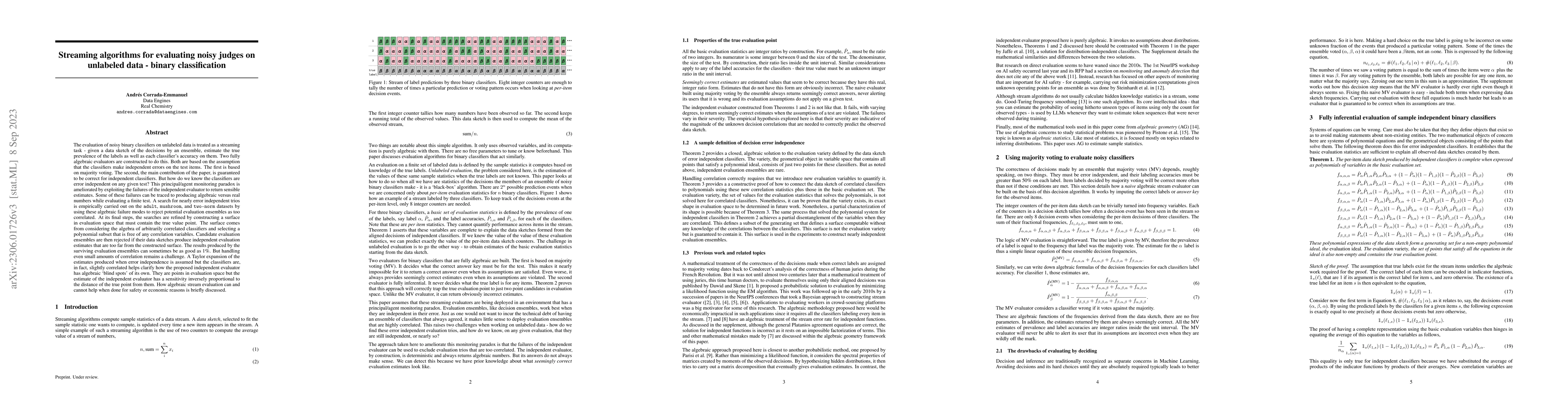 Thumbnail for Streaming algorithms for evaluating noisy judges on unlabeled data --
  binary classification