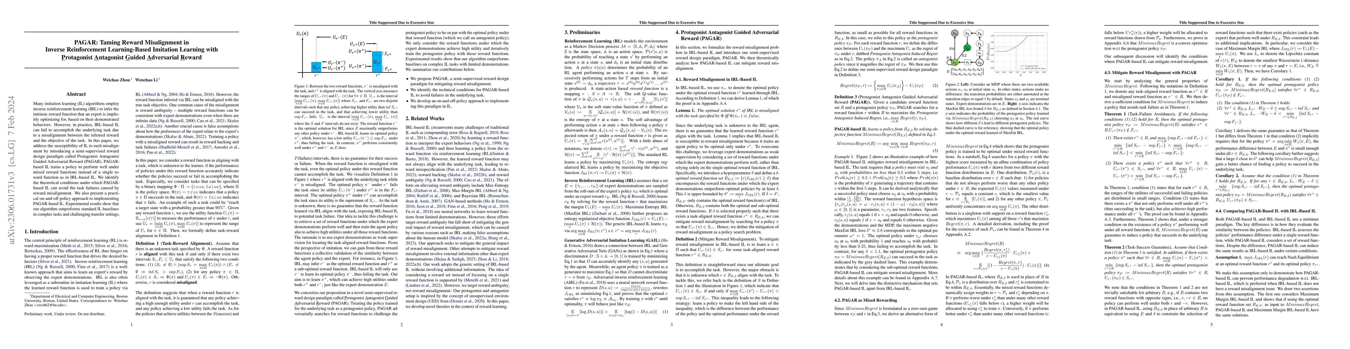 Thumbnail for PAGAR: Taming Reward Misalignment in Inverse Reinforcement
  Learning-Based Imitation Learning with Protagonist Antagonist Guided
  Adversarial Reward