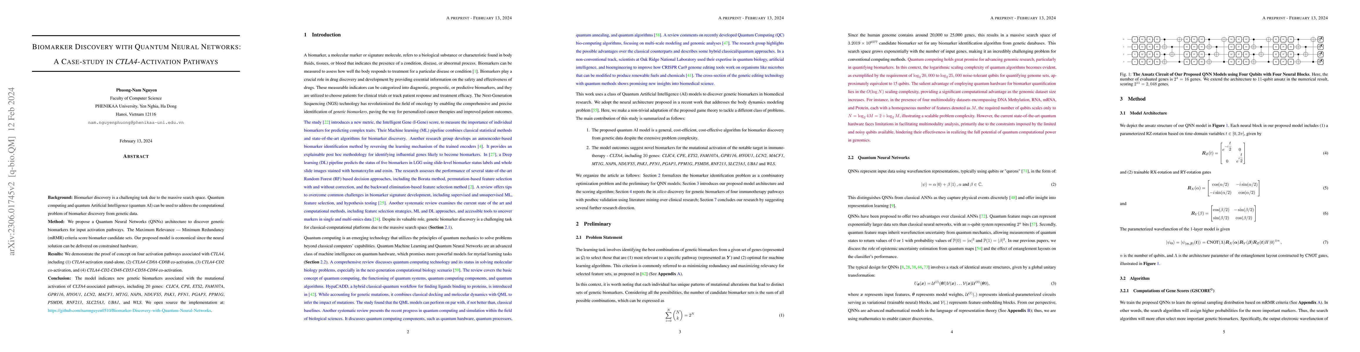 Thumbnail for Biomarker Discovery with Quantum Neural Networks: A Case-study in
  CTLA4-Activation Pathways