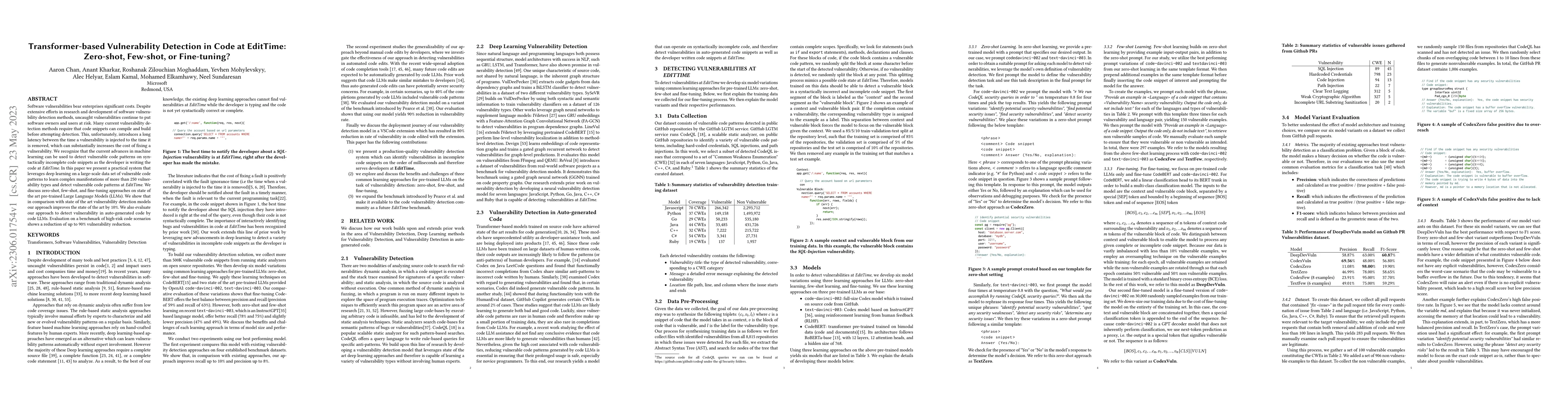 Thumbnail for Transformer-based Vulnerability Detection in Code at EditTime:
  Zero-shot, Few-shot, or Fine-tuning?