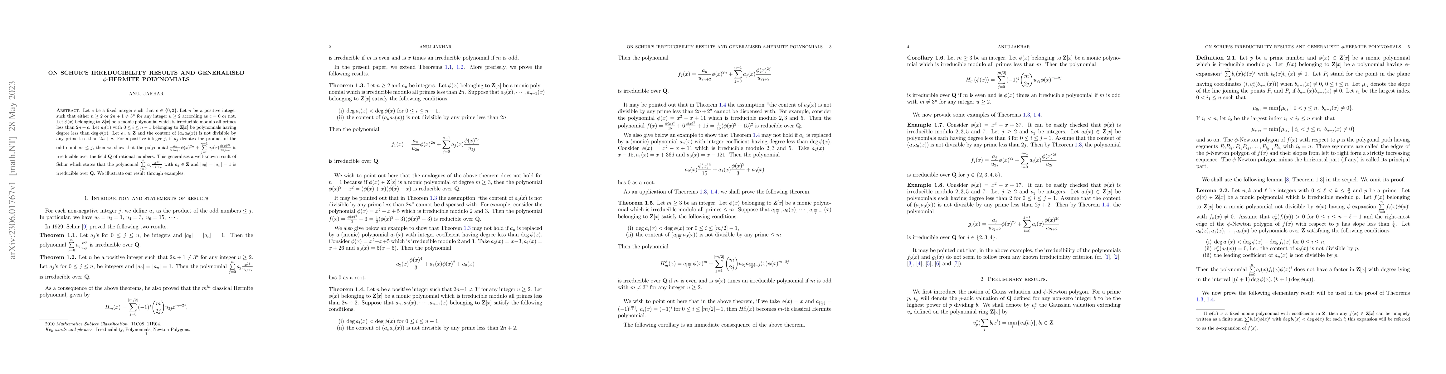 Thumbnail for On Schur's irreducibility results and generalised $\phi$-Hermite
  polynomials