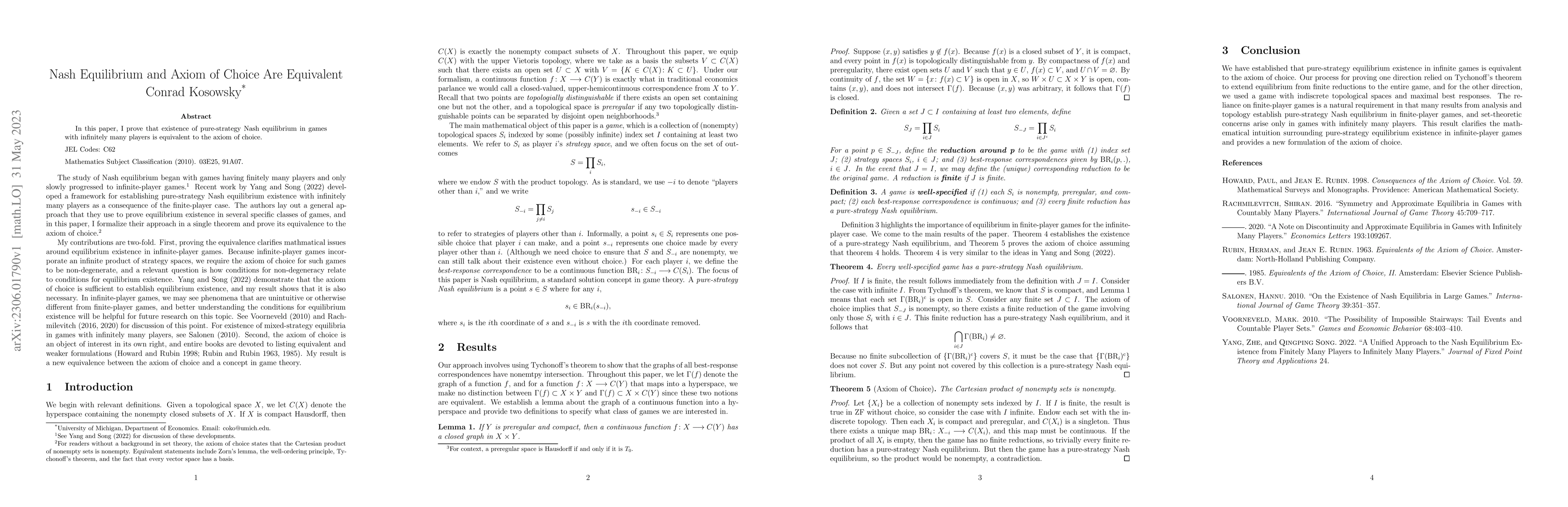 Thumbnail for Nash Equilibrium and Axiom of Choice Are Equivalent