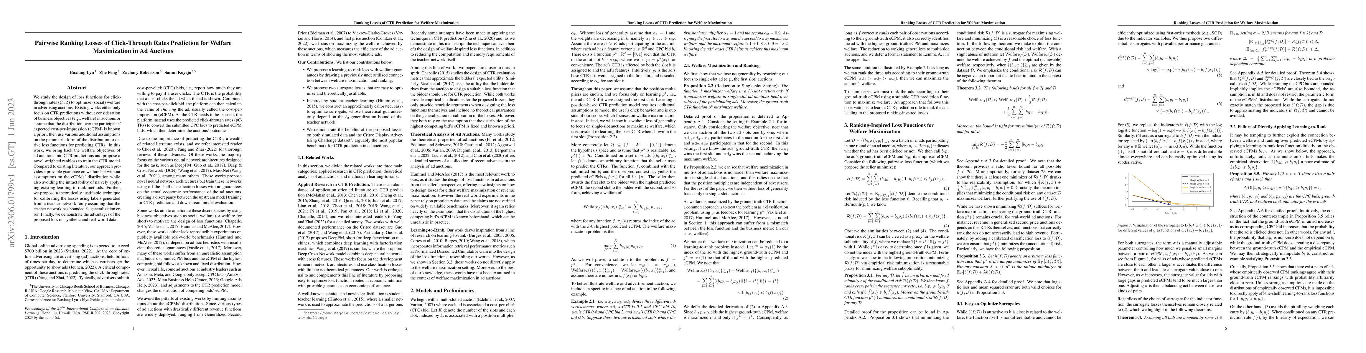 Thumbnail for Pairwise Ranking Losses of Click-Through Rates Prediction for Welfare
  Maximization in Ad Auctions