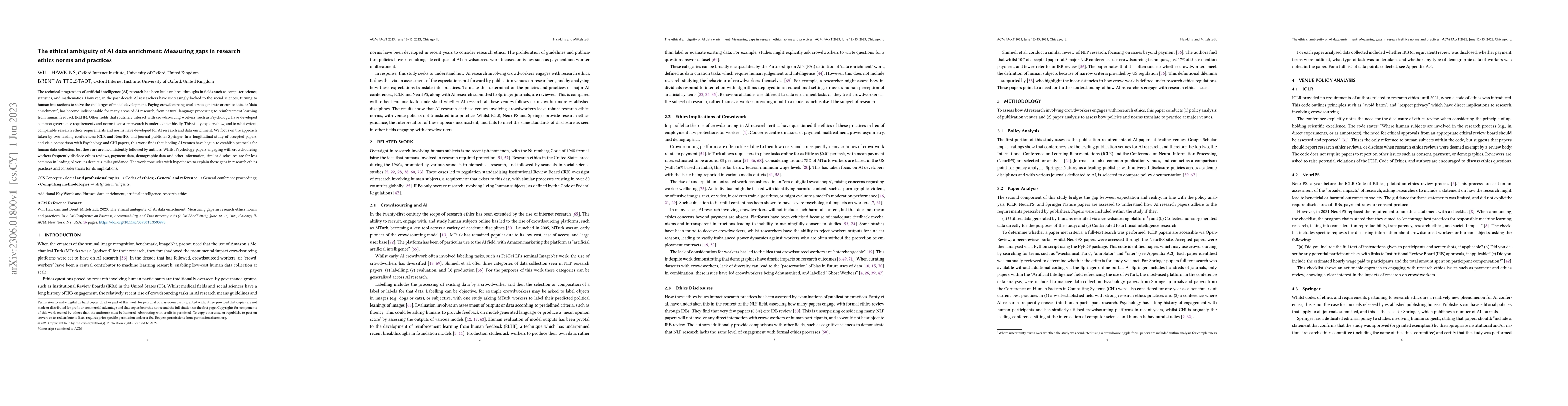 Thumbnail for The ethical ambiguity of AI data enrichment: Measuring gaps in research
  ethics norms and practices
