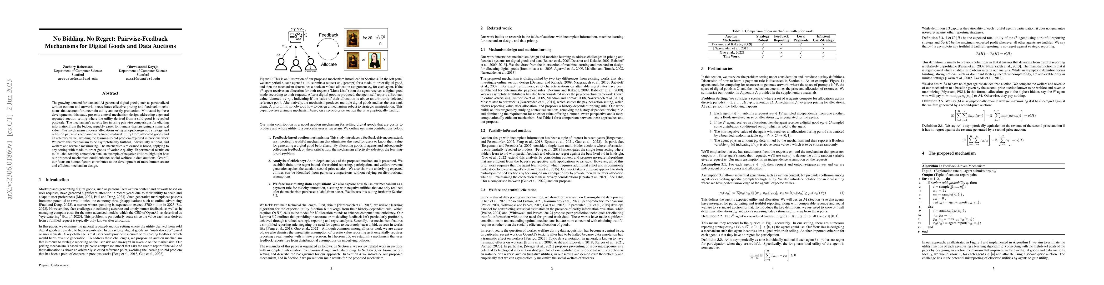 Thumbnail for No Bidding, No Regret: Pairwise-Feedback Mechanisms for Digital Goods
  and Data Auctions