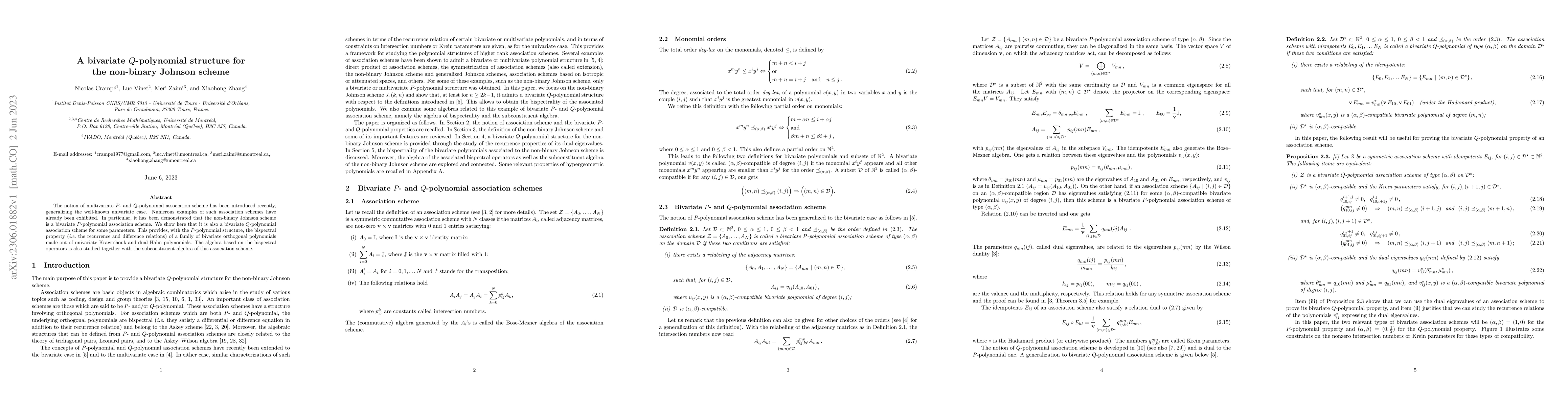 Thumbnail for A bivariate $Q$-polynomial structure for the non-binary Johnson scheme