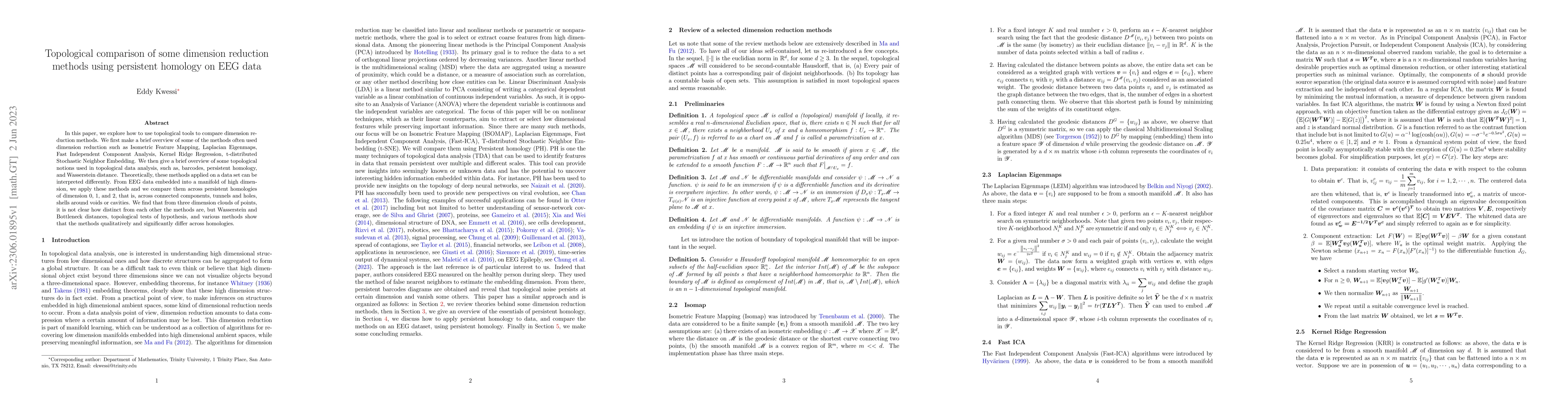 Thumbnail for Topological comparison of some dimension reduction methods using
  persistent homology on EEG data