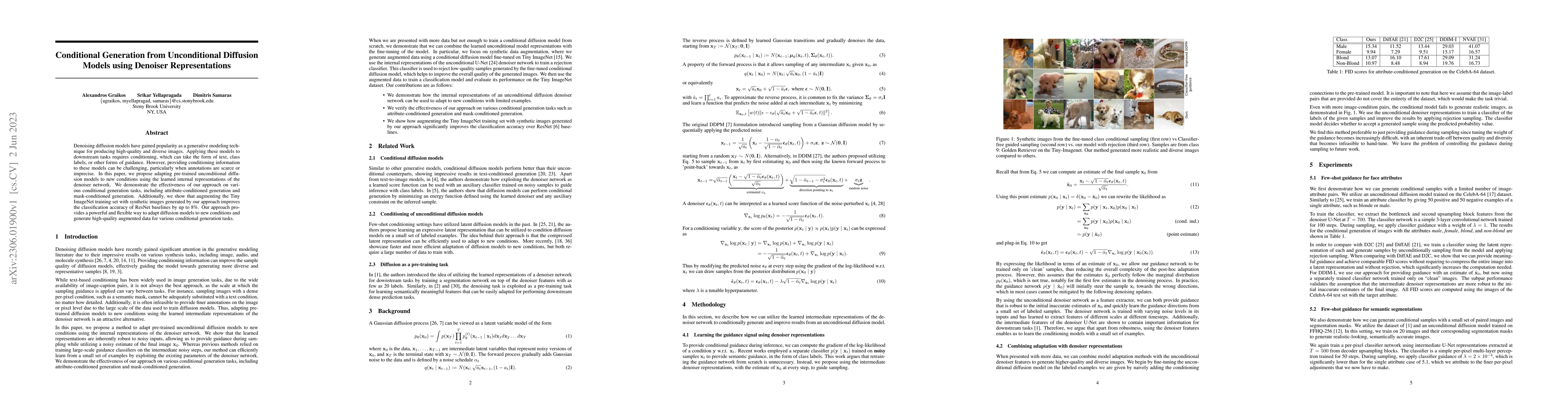 Thumbnail for Conditional Generation from Unconditional Diffusion Models using
  Denoiser Representations