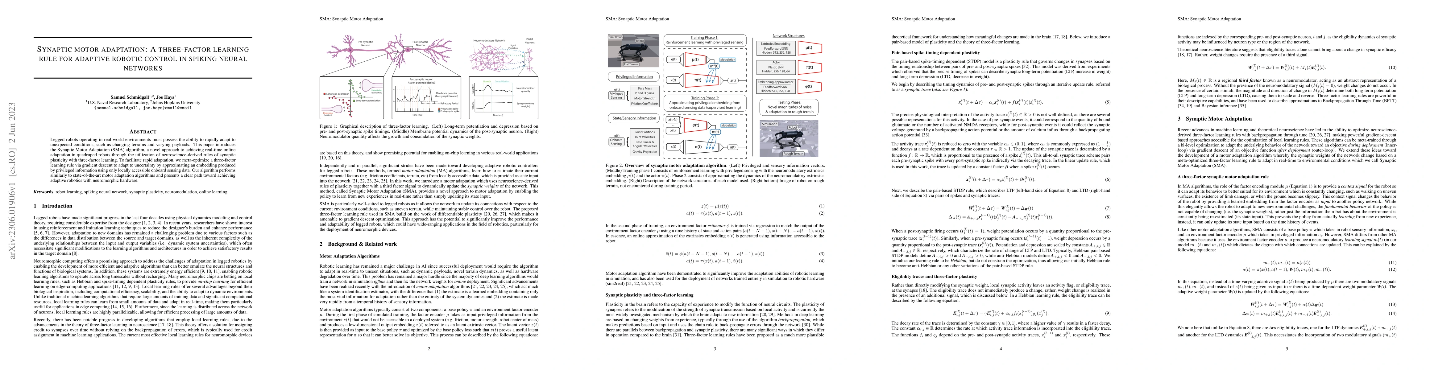 Thumbnail for Synaptic motor adaptation: A three-factor learning rule for adaptive
  robotic control in spiking neural networks