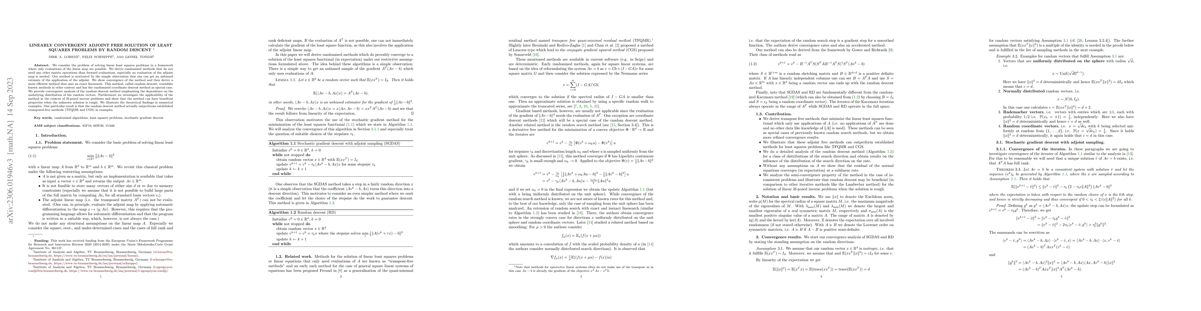 Thumbnail for Linearly convergent adjoint free solution of least squares problems by
  random descent