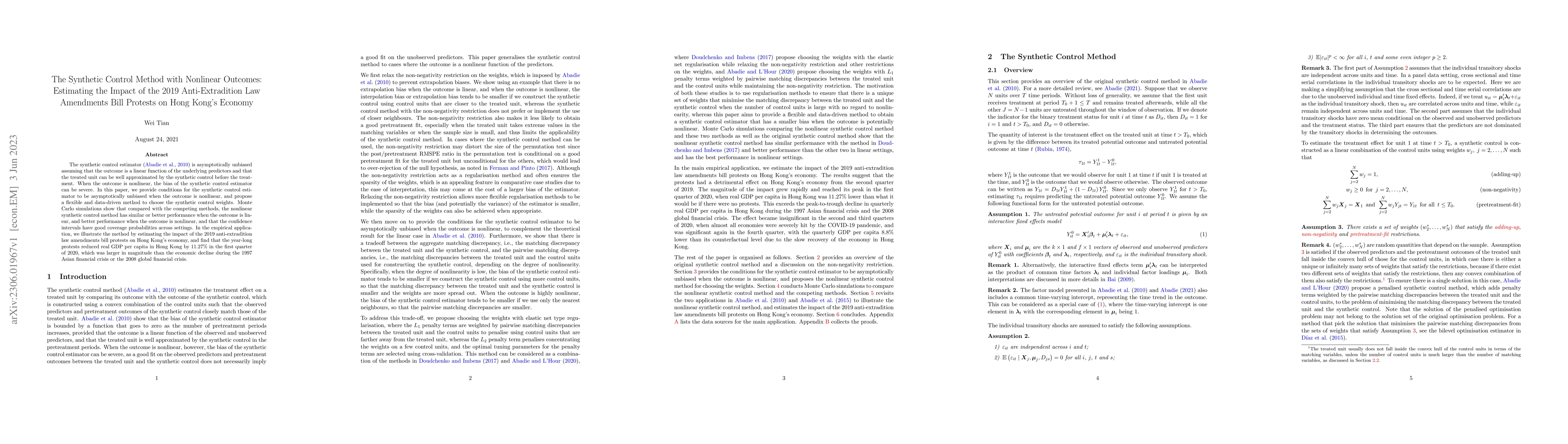 Thumbnail for The Synthetic Control Method with Nonlinear Outcomes: Estimating the
  Impact of the 2019 Anti-Extradition Law Amendments Bill Protests on Hong
  Kong's Economy
