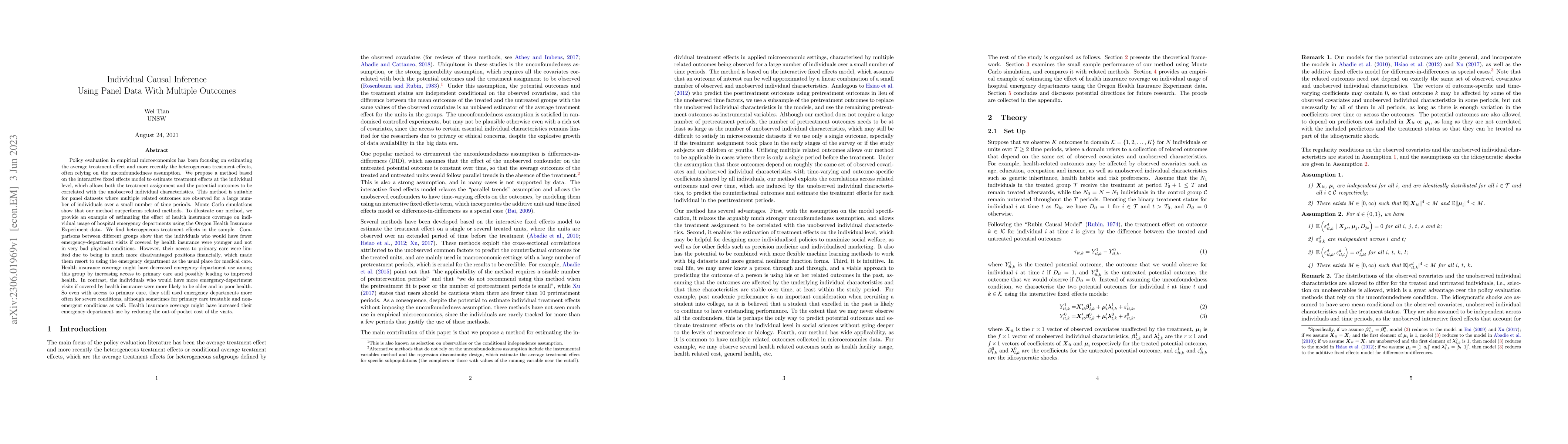 Thumbnail for Individual Causal Inference Using Panel Data With Multiple Outcomes