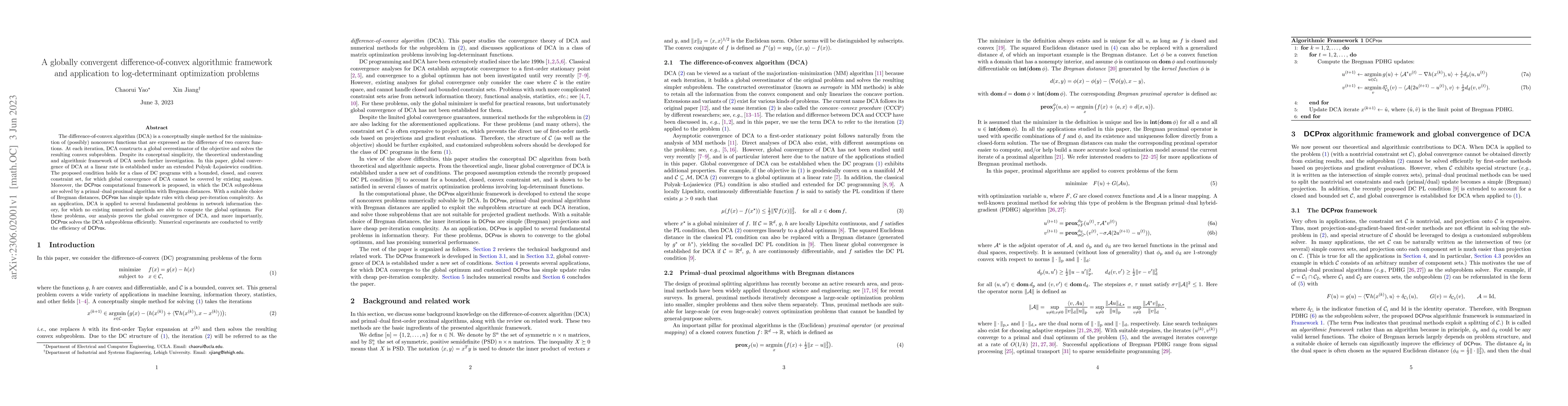 Thumbnail for A globally convergent difference-of-convex algorithmic framework and
  application to log-determinant optimization problems