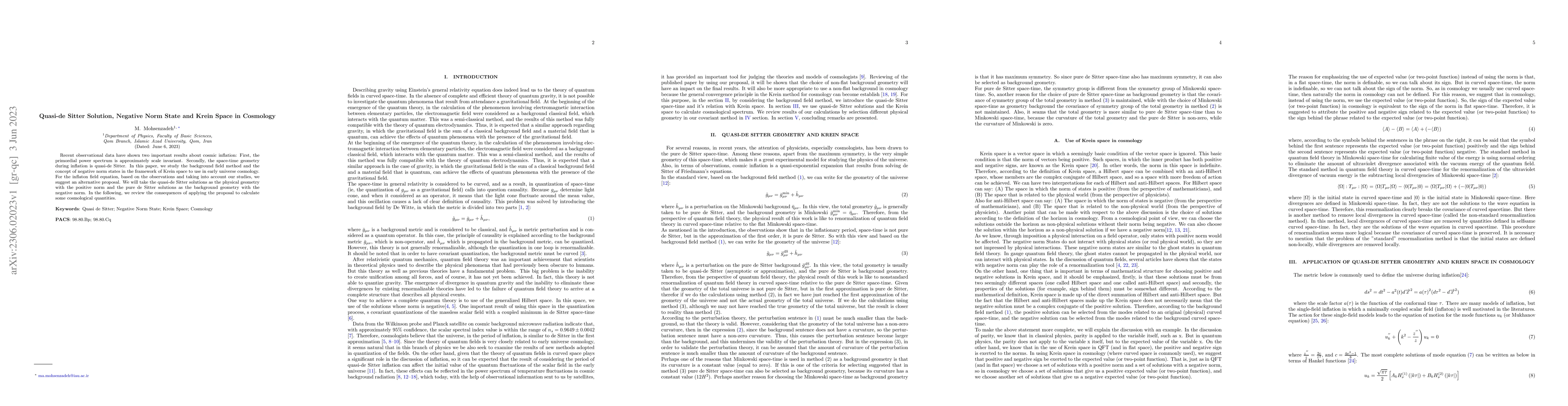 Thumbnail for Quasi-de Sitter Solution, Negative Norm State and Krein Space in
  Cosmology