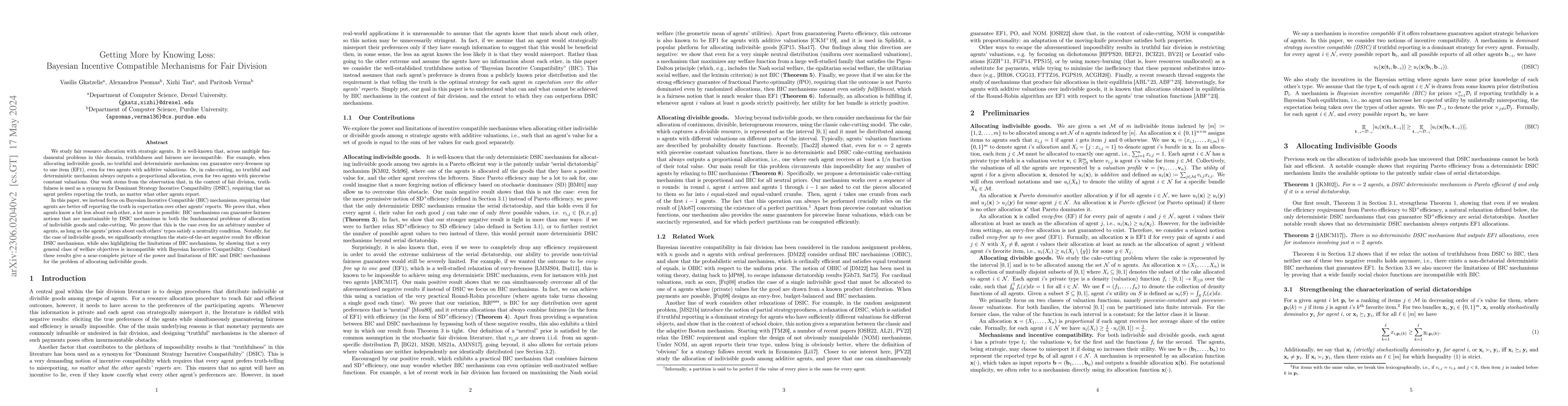 Thumbnail for Getting More by Knowing Less: Bayesian Incentive Compatible Mechanisms
  for Fair Division