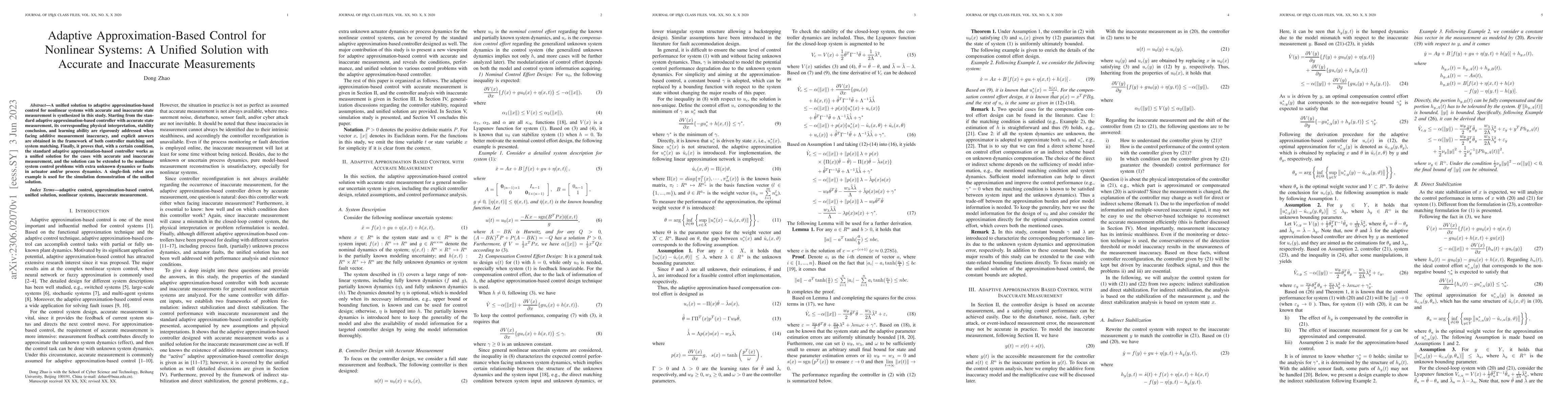 Thumbnail for Adaptive Approximation-Based Control for Nonlinear Systems: A Unified
  Solution with Accurate and Inaccurate Measurements