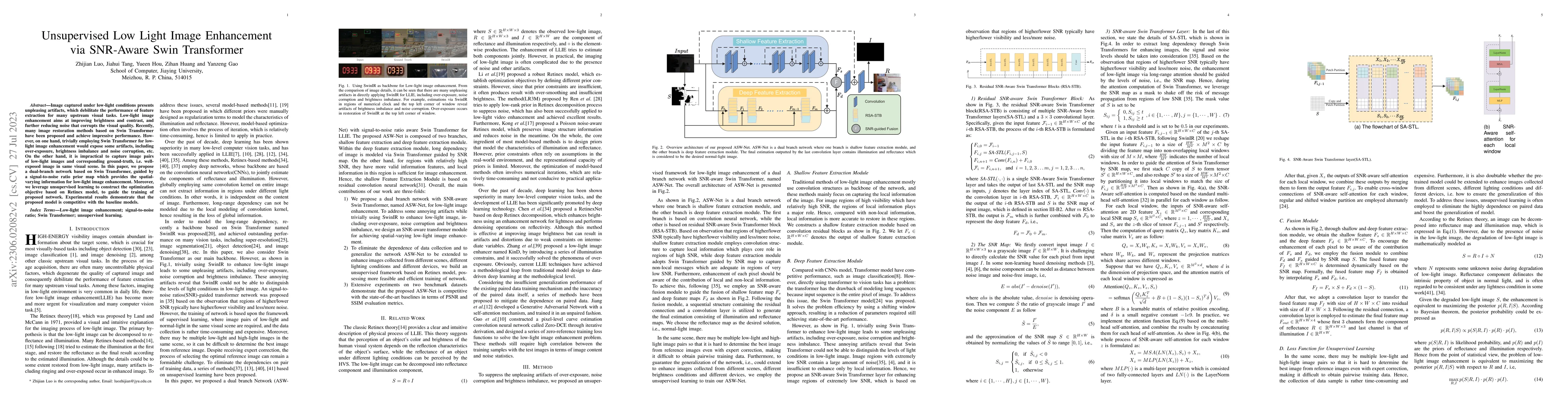 Thumbnail for Unsupervised Low Light Image Enhancement Using SNR-Aware Swin
  Transformer